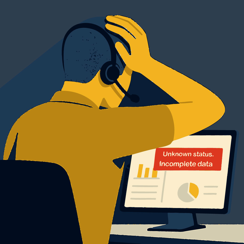 persona de soporte técnico preocupada por que no tiene las respuestas para sus clientes