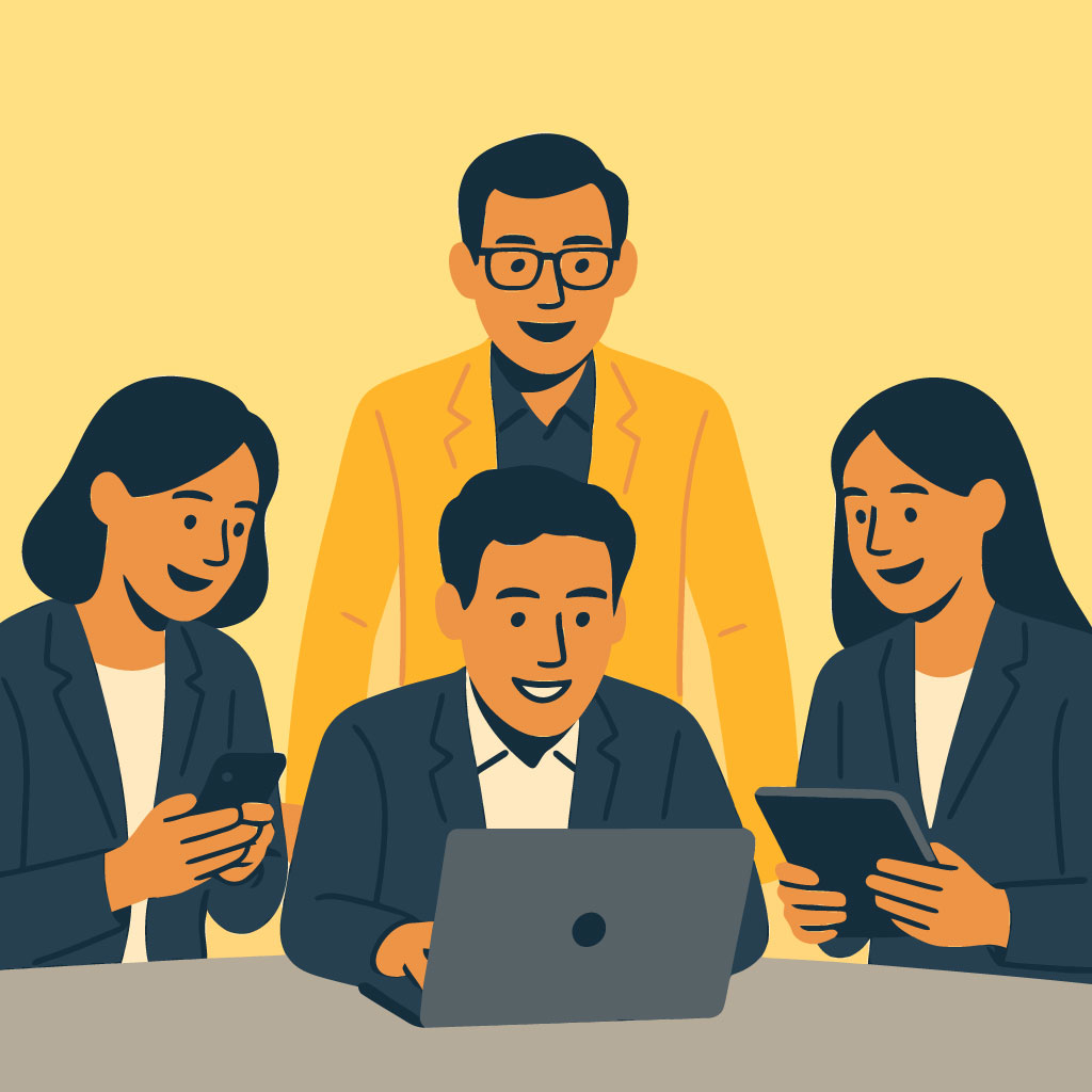 Emprendedor en junta con su equipo. Todos están felices.