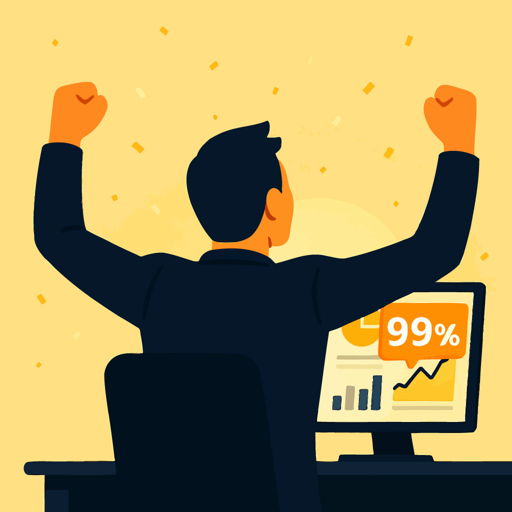 emprendedor celebrando los resultados que ve en su pantalla.